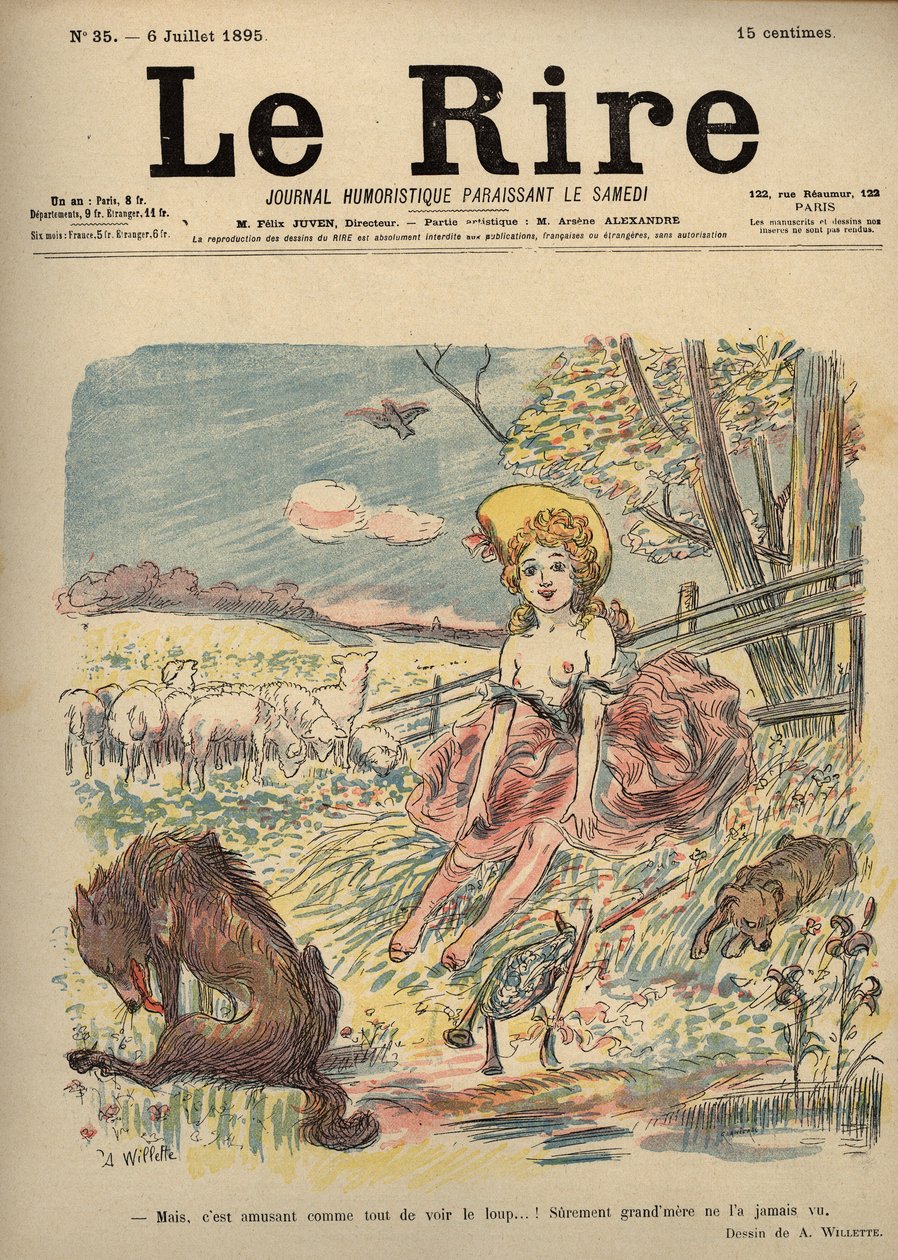 Roodkapje - herderin topless, Roodkapje - Maar, het is leuk om de wolf te zien...! Waarschijnlijk heeft oma hem nooit gezien. Tekening door A. Willette voor het Lachen Nummer 35, 6 juli door Adolphe Leon Willette