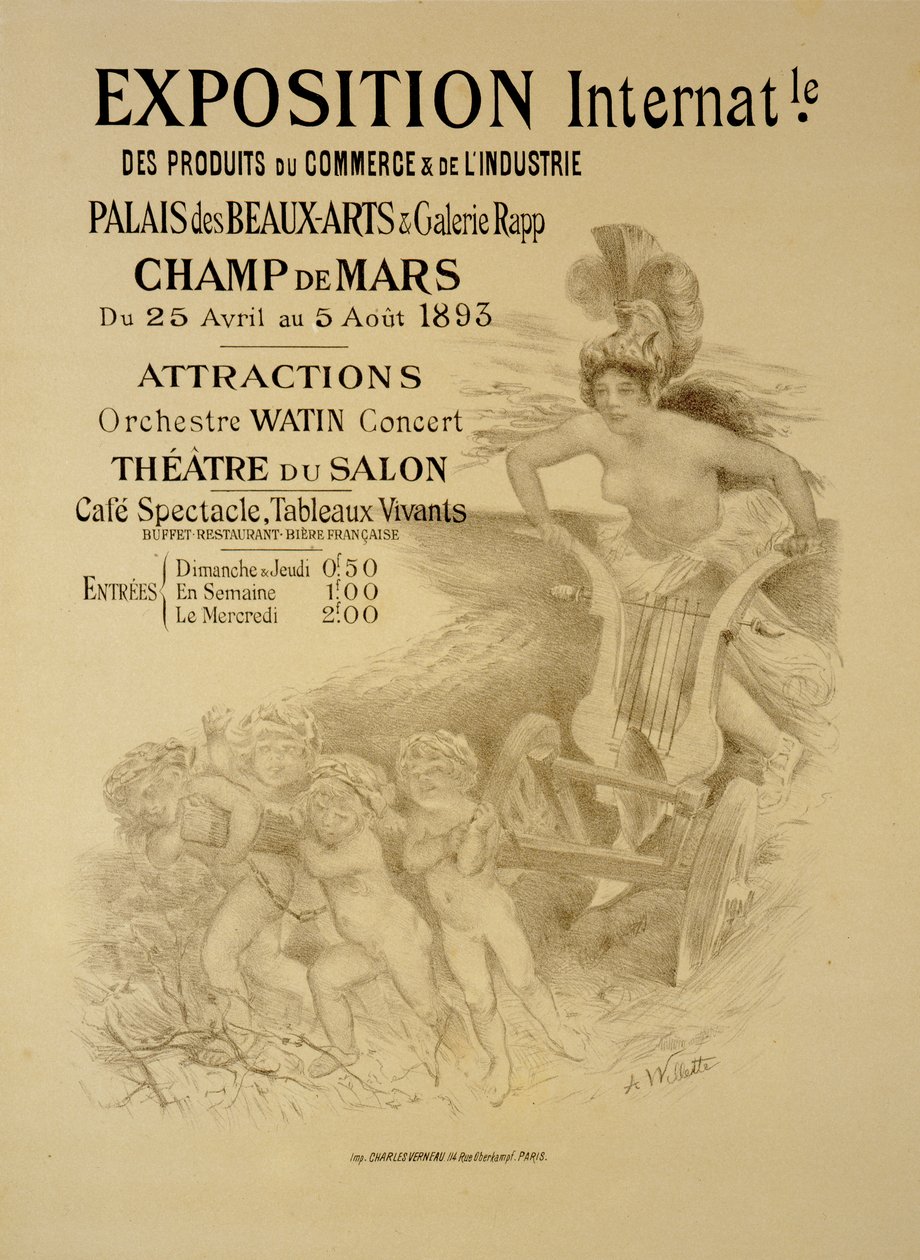 Reproductie van een poster die een Internationale Tentoonstelling van Commerciële en Industriële Producten adverteert, Palais des Beaux-Arts en Galerie Rapp, Champ de Mars, Parijs, 1893 door Adolphe Leon Willette