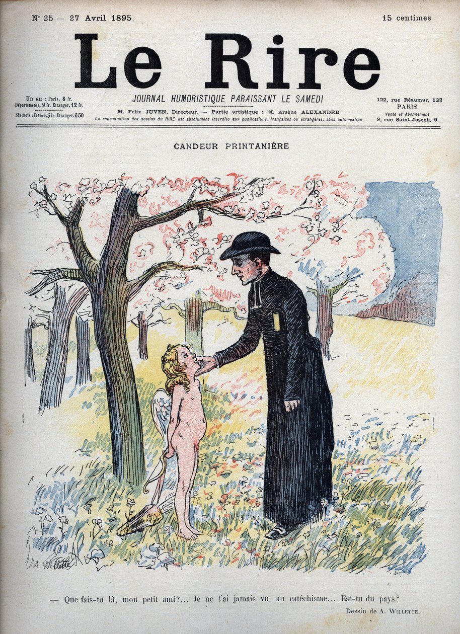 Lente Candeur - In een bos van bloemen, een priester die het gezicht van een naakt kind streelt, die achter zijn rug een boog en pijl en een paar vleugels verbergt. Niet wetend dat hij Cupido is, vraagt hij hem of hij nieuw is, aangezien niemand hem ooit h door Adolphe Leon Willette