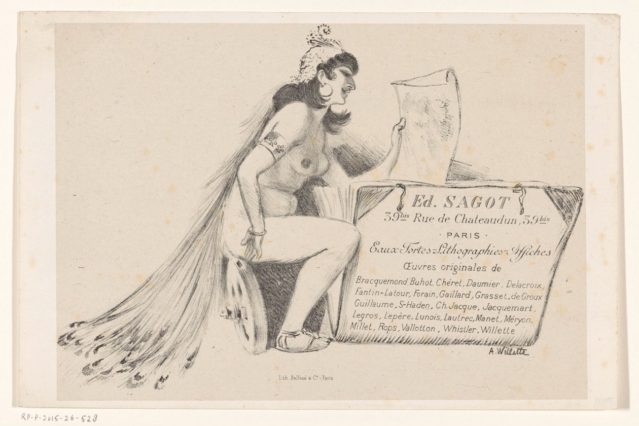 Visitekaartje van prenthandelaar Edmond Sagot te Parijs door Adolphe Leon Willette