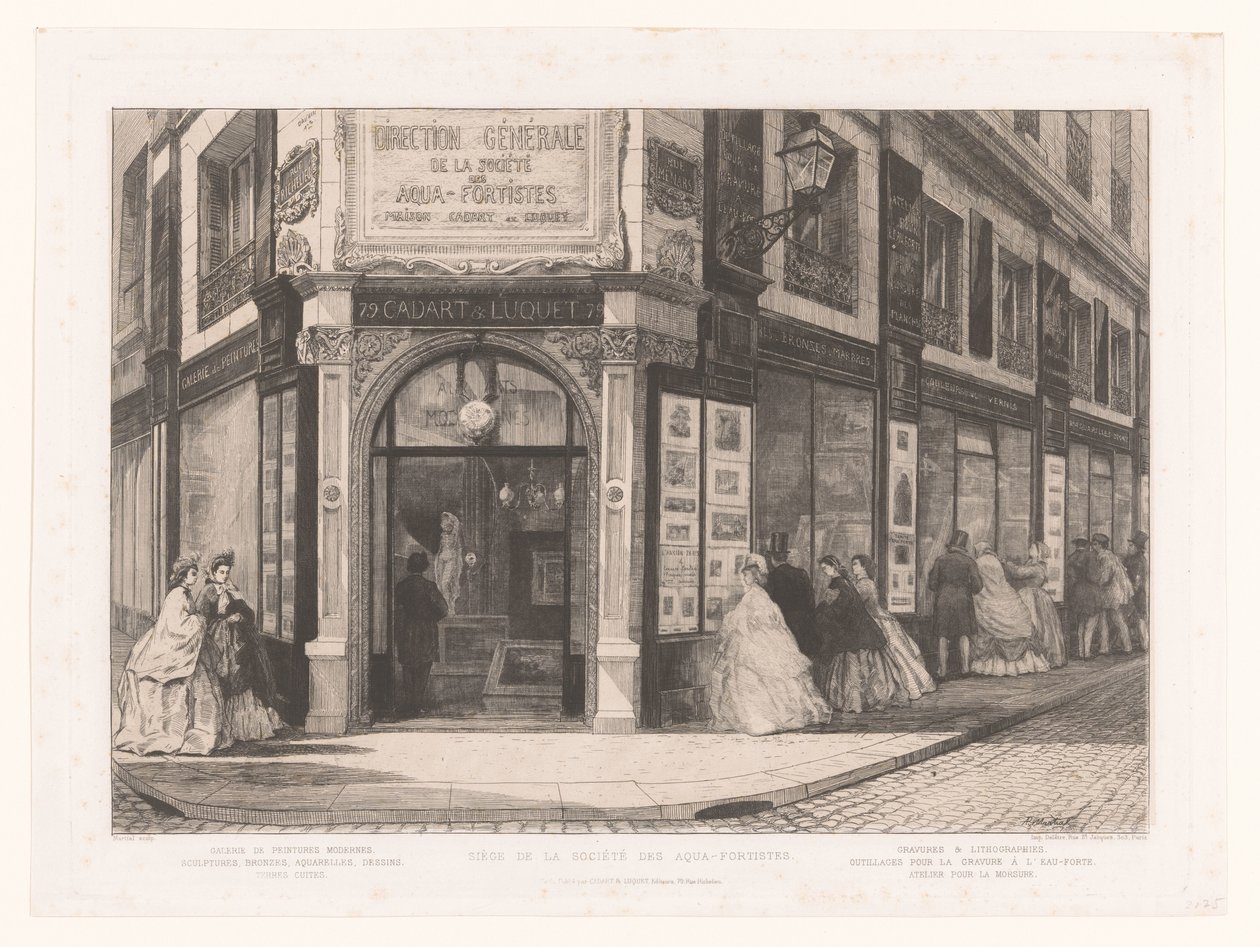 Gezicht op de zaak van Cadart en Luquet met dames en heren bij de etalages door Adolphe Martial Potemont