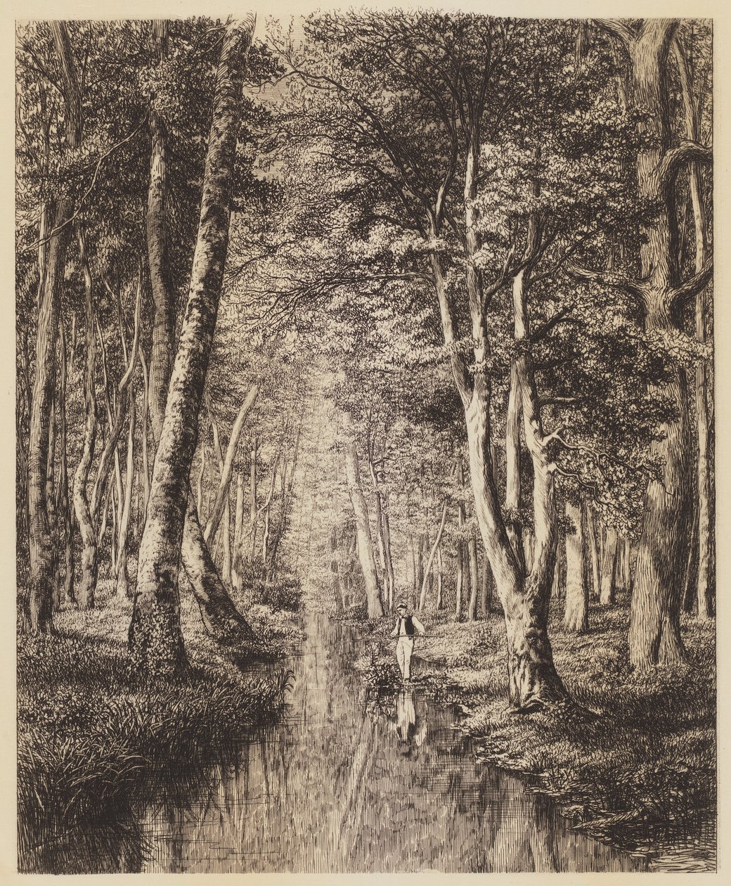 Rivier onder bomen door Adolphe Martial Potemont