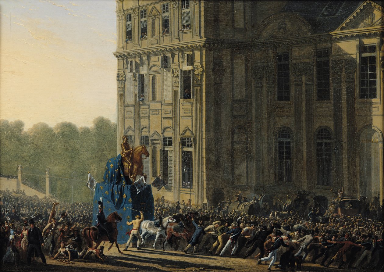 Het transport van het standbeeld van Henri IV (1553-1610) voor het Flora Paviljoen van het Louvre, 1818 door Adolphe Roehn