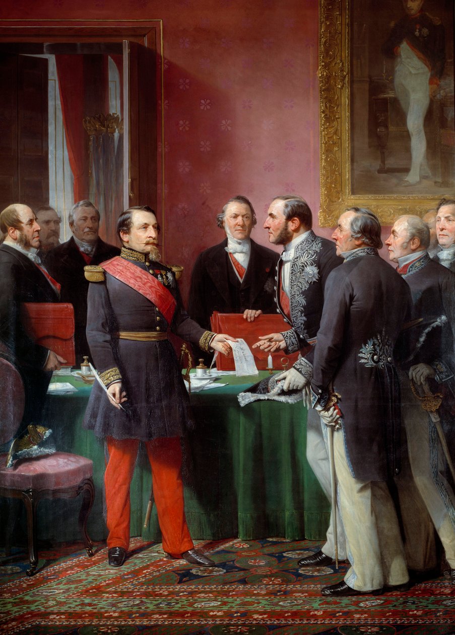 Keizer Napoleon III (1808-1873) overhandigt aan Baron Georges Haussmann (1809-1891) het decreet van annexatie van de naburige gemeenten in juni 1859 door Adolphe Yvon