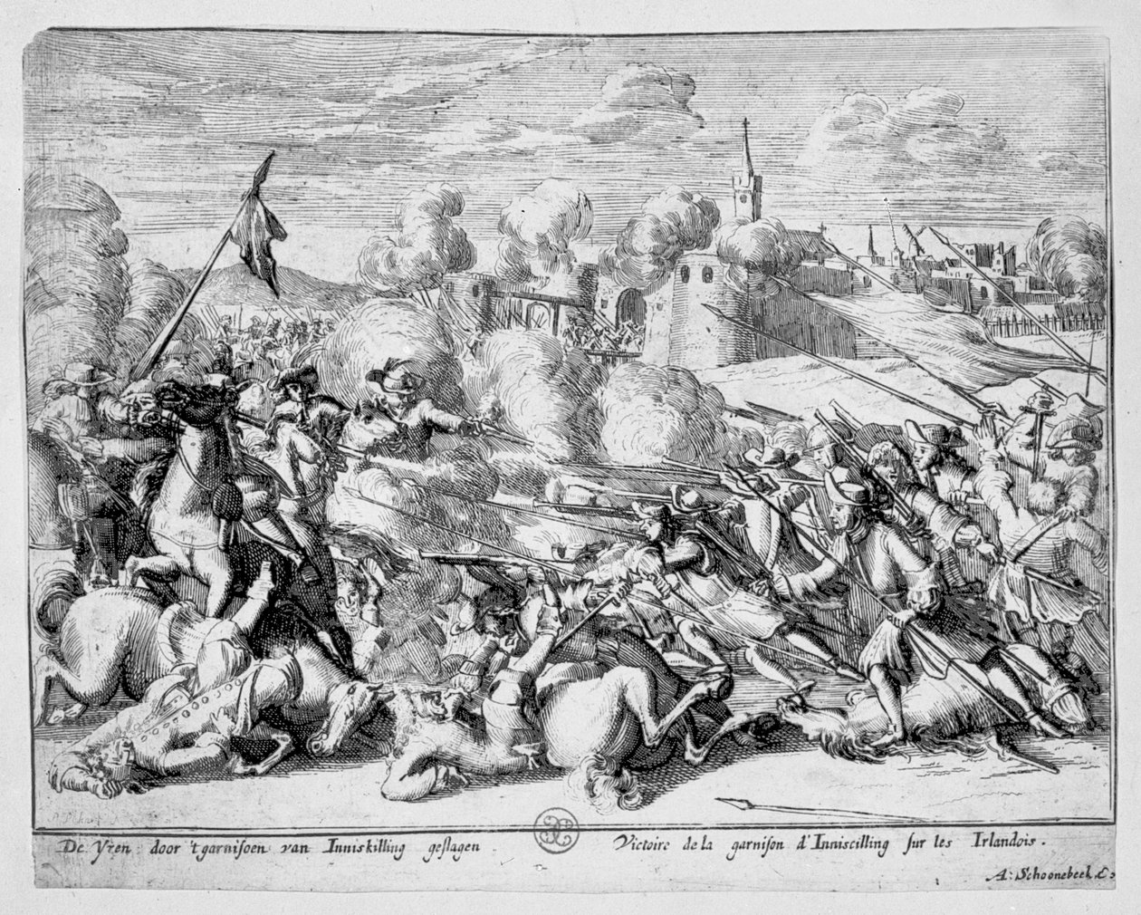Het garnizoen van Enniskillen verdedigt de stad tegen James II, 1689 door Adriaan Schoonebeek