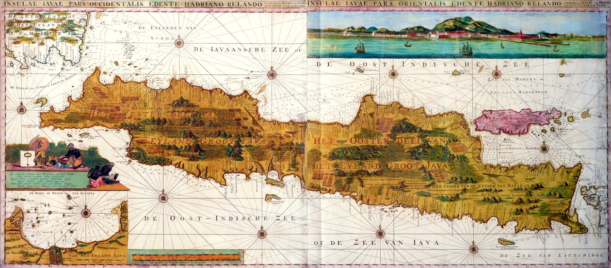 Insulae lavae, een grote opvouwbare kaart van Java met twee inlegstukken die beide uitzichten van Batavia (Jakarta) afbeelden, Nederlands, uitgegeven door Gerard van Keulen, Amsterdam, ca. 1715 door Adriaan Reland