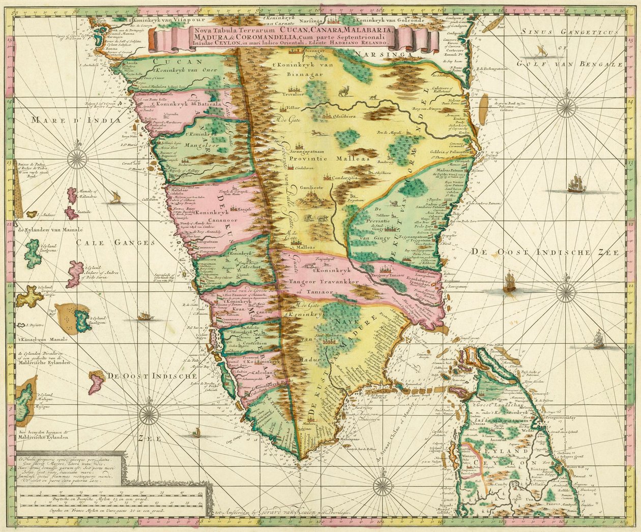 Kaart van Zuid-India en Ceylon, naar een werk gemaakt circa 1720 door de Nederlandse cartograaf Adriaan Reland door Adriaan Reland