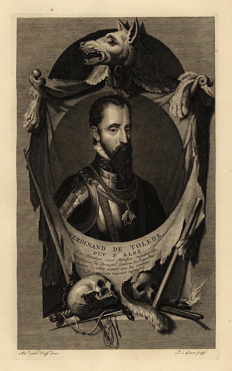 Portret van Ferdinand Alvarez de Toledo y Pimentel, 3e hertog van Alba, of de IJzeren Hertog. In harnas met ketting van de Orde van het Gulden Vlies. Met wolfshuid, menselijke schedels, zwaard, dolk en vuursteenpistool. Ferdinand de Tolede, hertog van Alb door Adriaan van der (after) Werff