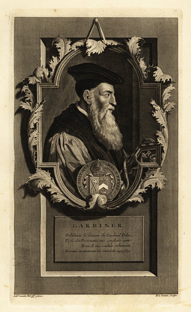 Portret van Stephen Gardiner, bisschop van Winchester en politicus. Met wapenschild. Kopergravure door Pieter Stevens van Gunst door Adriaan van der (after) Werff