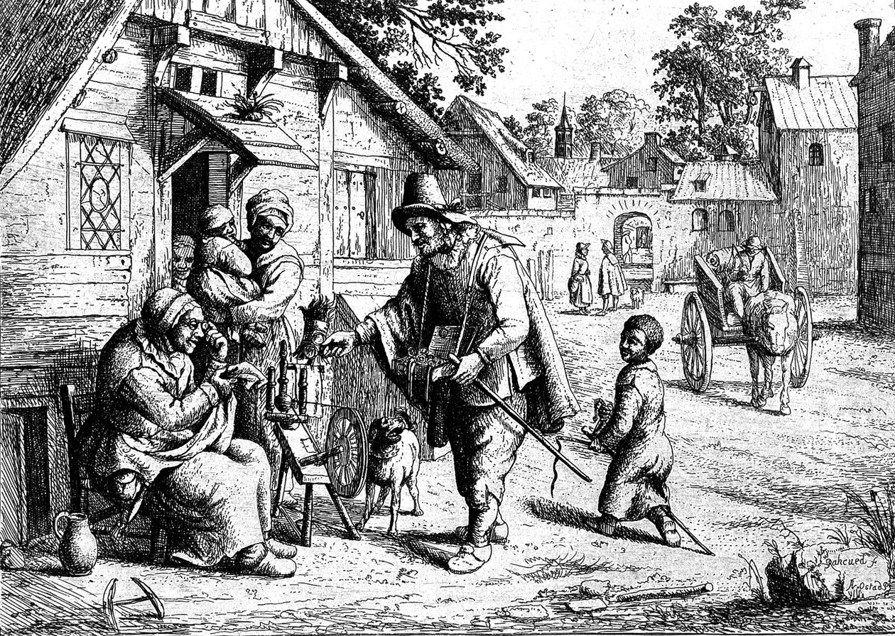Een brillenverkoper toont zijn waren aan een oude vrouw door Adriaen Jansz. van Ostade