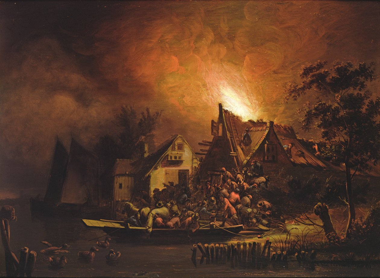 Dorpelingen proberen een huisbrand te blussen door Adriaen Lievensz van der Poel