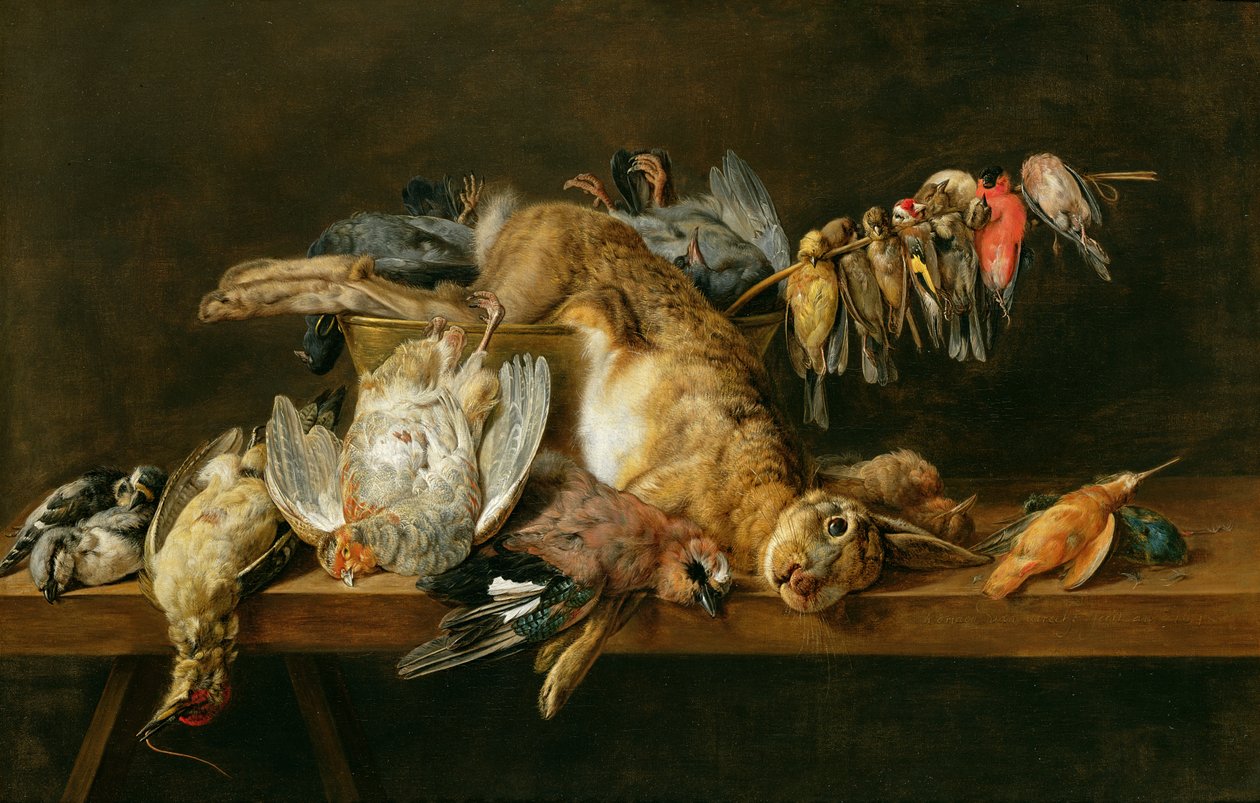 Stilleven van dode vogels en een haas op een tafel, 1647 door Adriaen van Utrecht