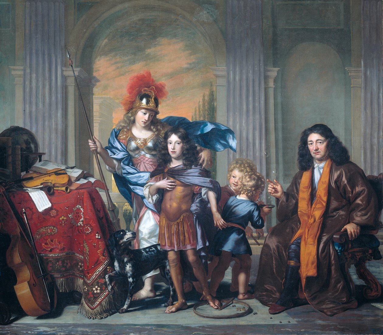 Nederlands: Allegorische portretgroep van de familie De Bordes met Minerva Allerorisch groepsportret, waarschijnlijk van Anthony de Bordes Sr. die zijn zoon Anthony achterlaat bij Minerva door Adriaen Backer