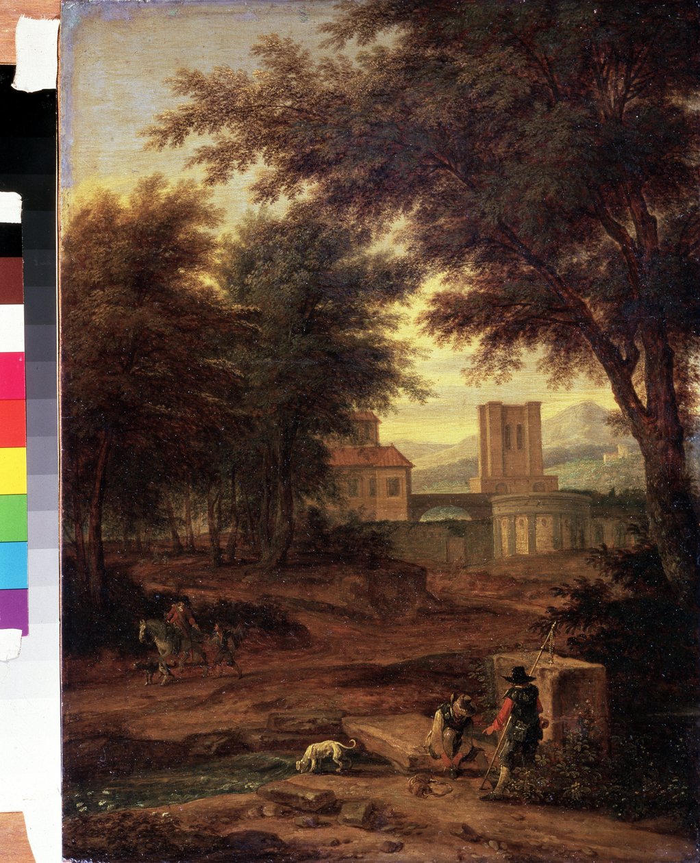 Italiaans landschap met pelgrims door Adriaen Boudewyns