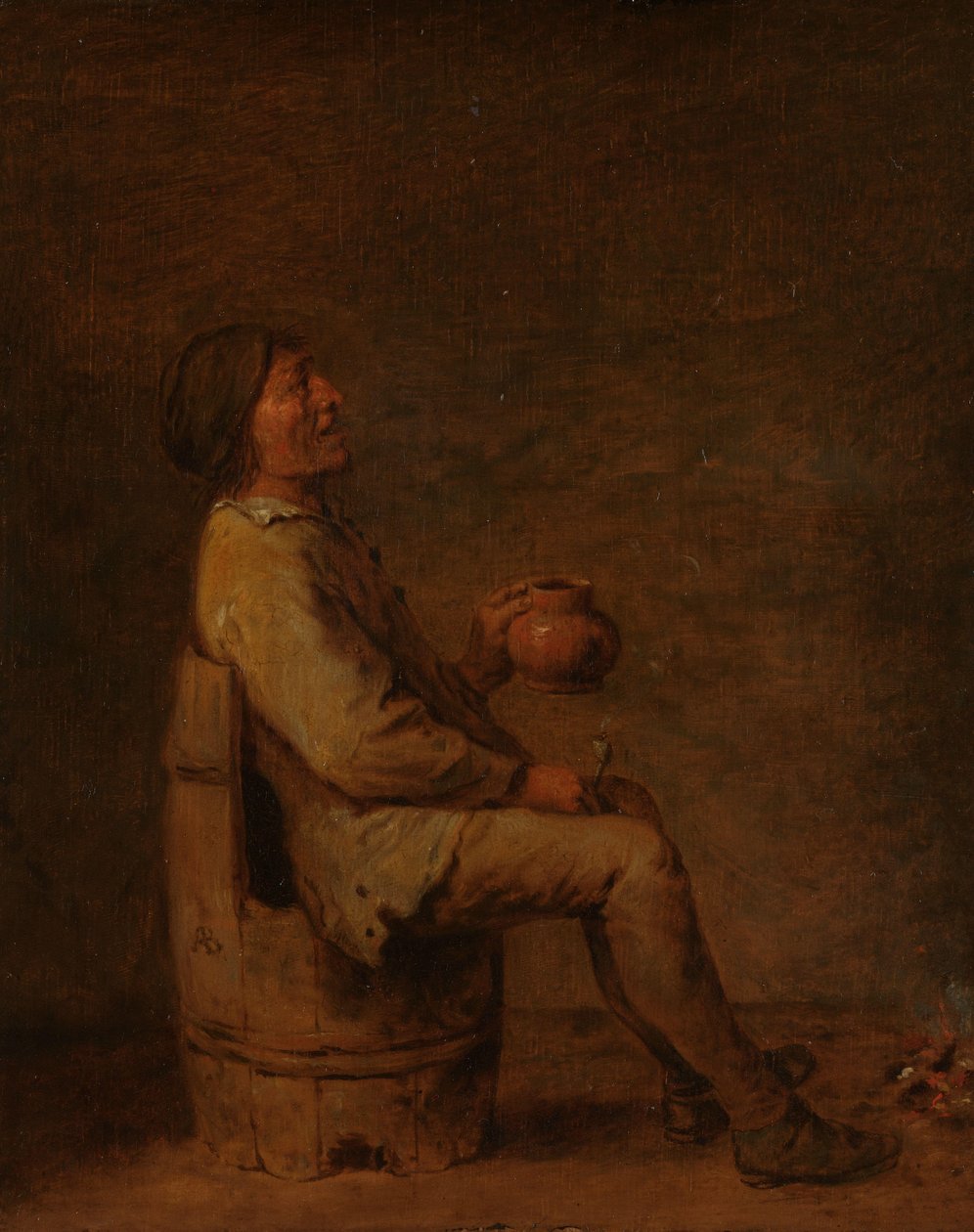 Man zittend met een pijp en een kruik in een interieur door Adriaen Brouwer (possibly copy after)