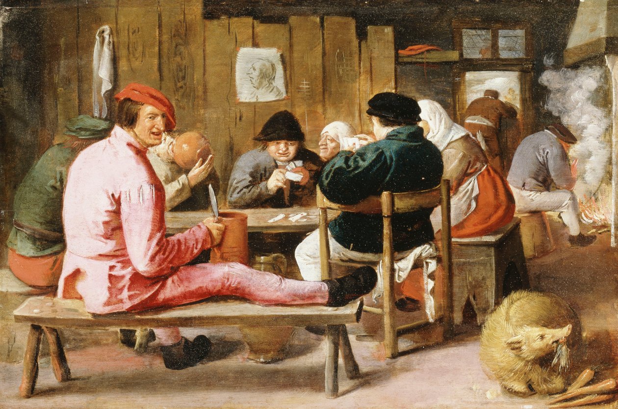 Boeren roken en drinken aan een tafel in een taverne, ca.1625 door Adriaen Brouwer