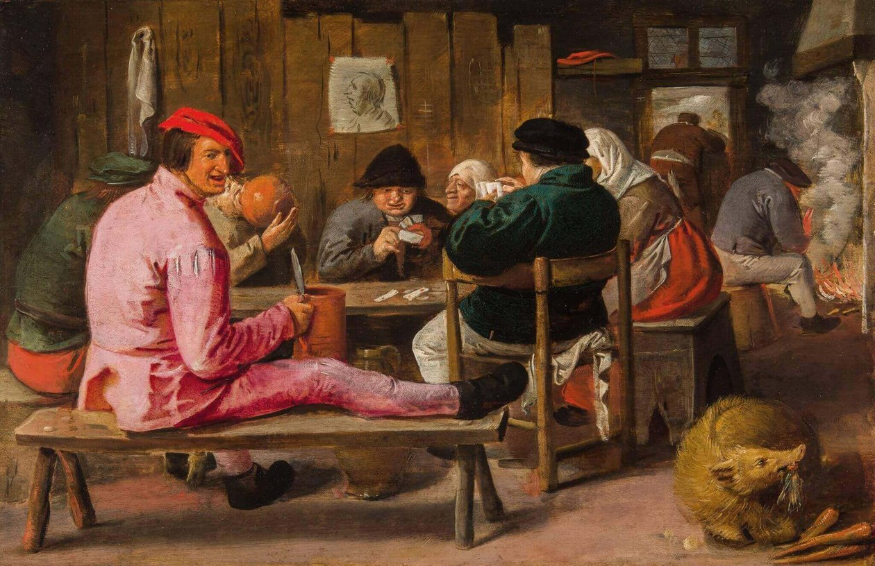 Vrolijke boeren in een herberg door Adriaen Brouwer