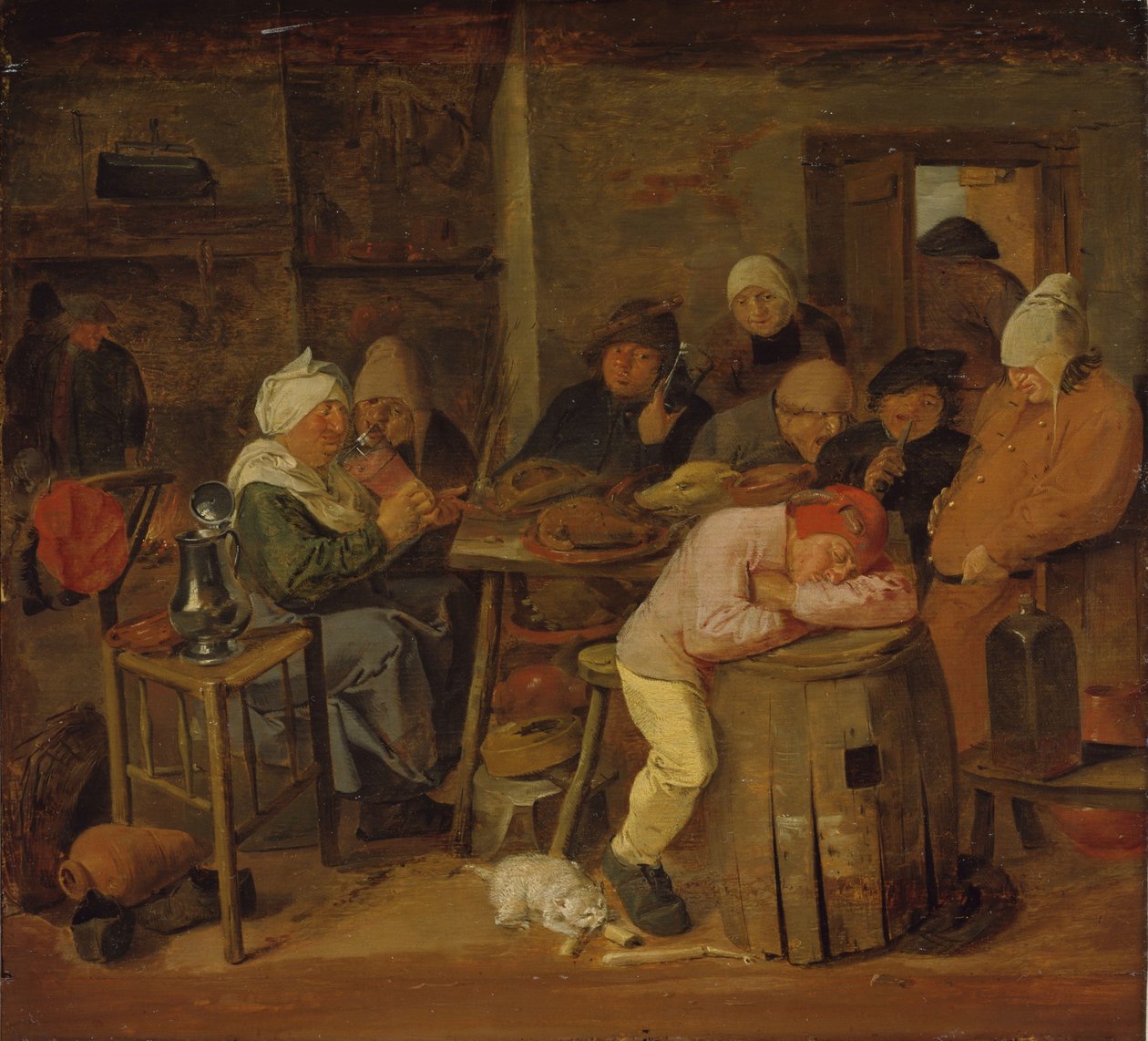 Boeren in een interieur (Het slachtfeest) door Adriaen Brouwer