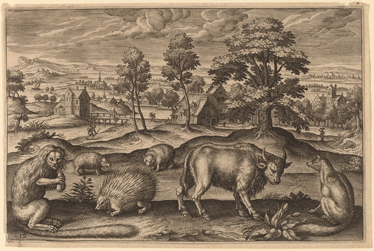Een aap, een stekelvarken, twee egels, een buffel en een vos door Adriaen Collaert