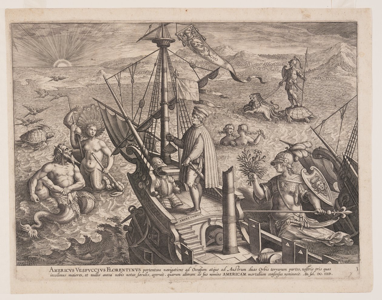 Amerigo Vespucci op zijn schip, uit Americae Retectio (De ontdekking van Amerika) door Adriaen Collaert