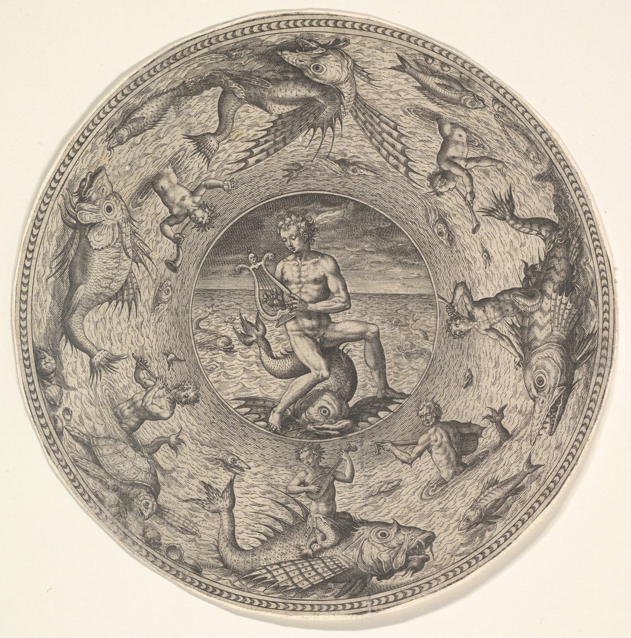 Arion op een dolfijn omringd door een rand versierd met zeedieren, uit een set, 1580-1600 door Adriaen Collaert