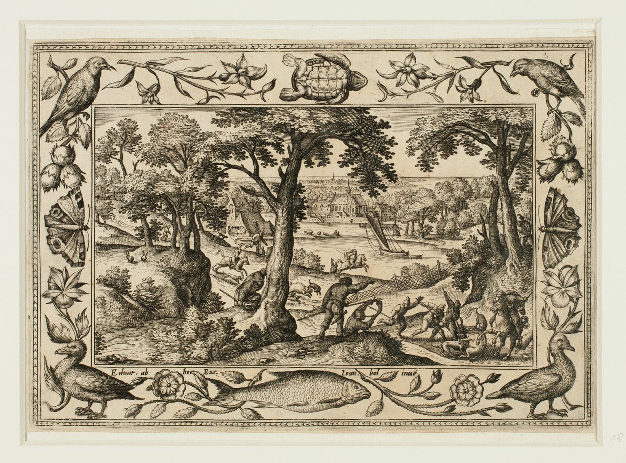 Berenjacht, uit Landschappen met scènes uit het Oude en Nieuwe Testament en Jachtscènes door Adriaen Collaert