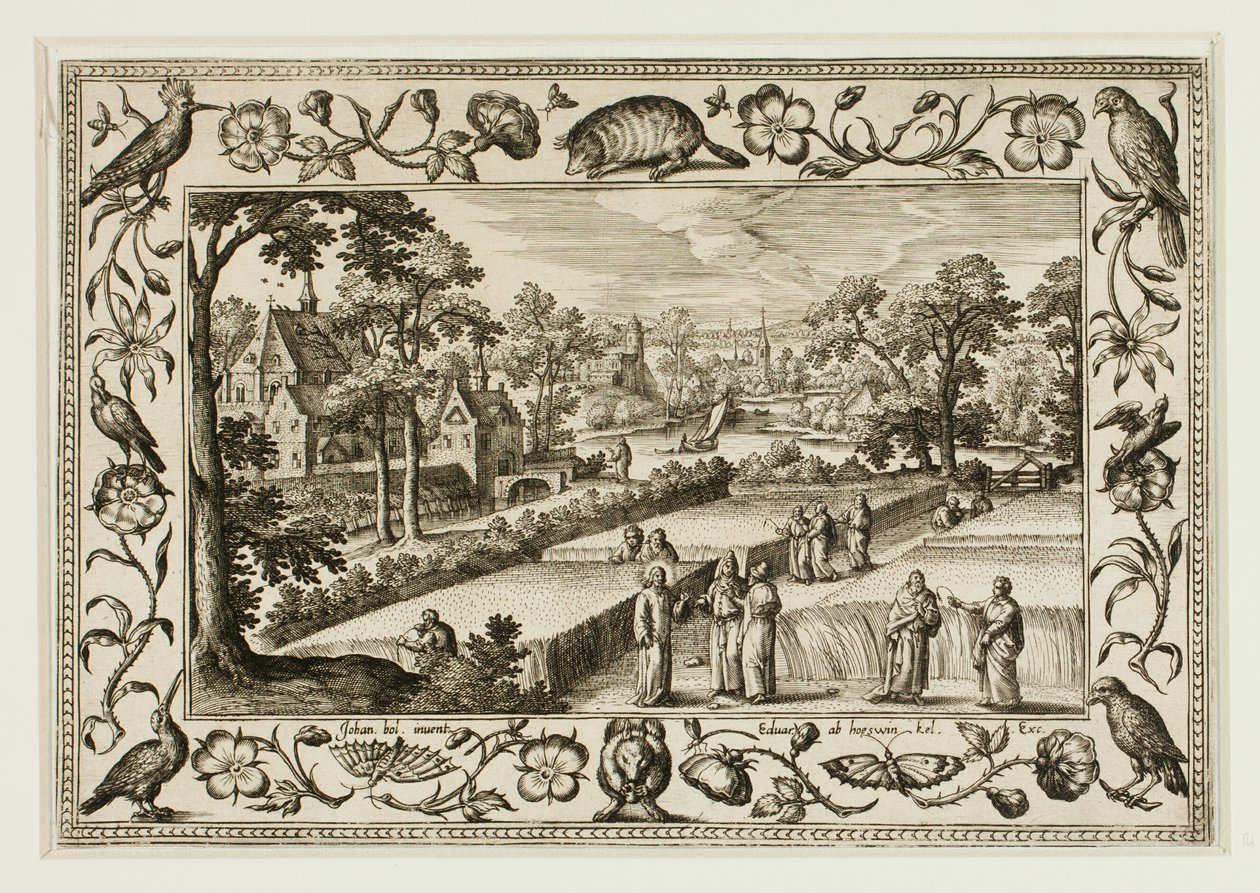 Christus en de discipelen in het veld, van landschappen met scènes uit het Oude en Nieuwe Testament en jachtscènes door Adriaen Collaert