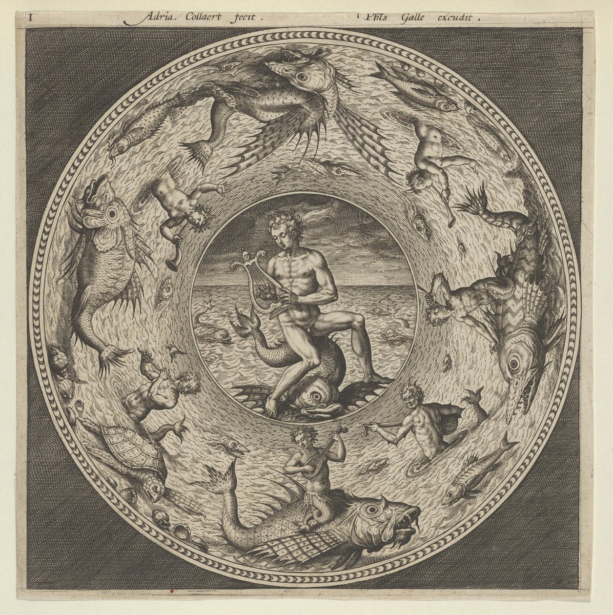 Ontwerp voor een Bord met Arion Rijdend op een Dolfijn in een Medaillon omgeven door Zeemonsters, ca. 1600 door Adriaen Collaert