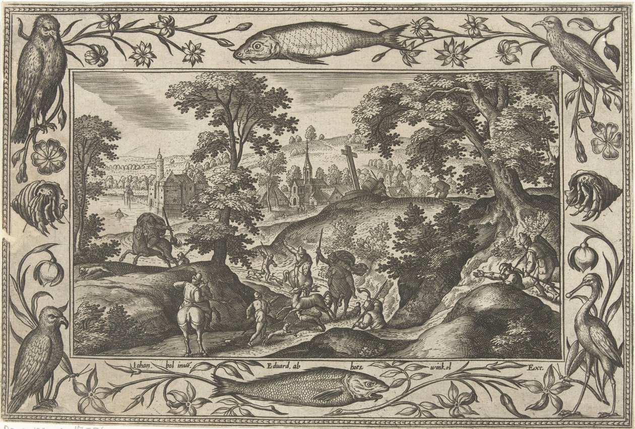 Hertenjacht Landschappen met Bijbelse, mythologische scènes en jachttaferelen door Adriaen Collaert