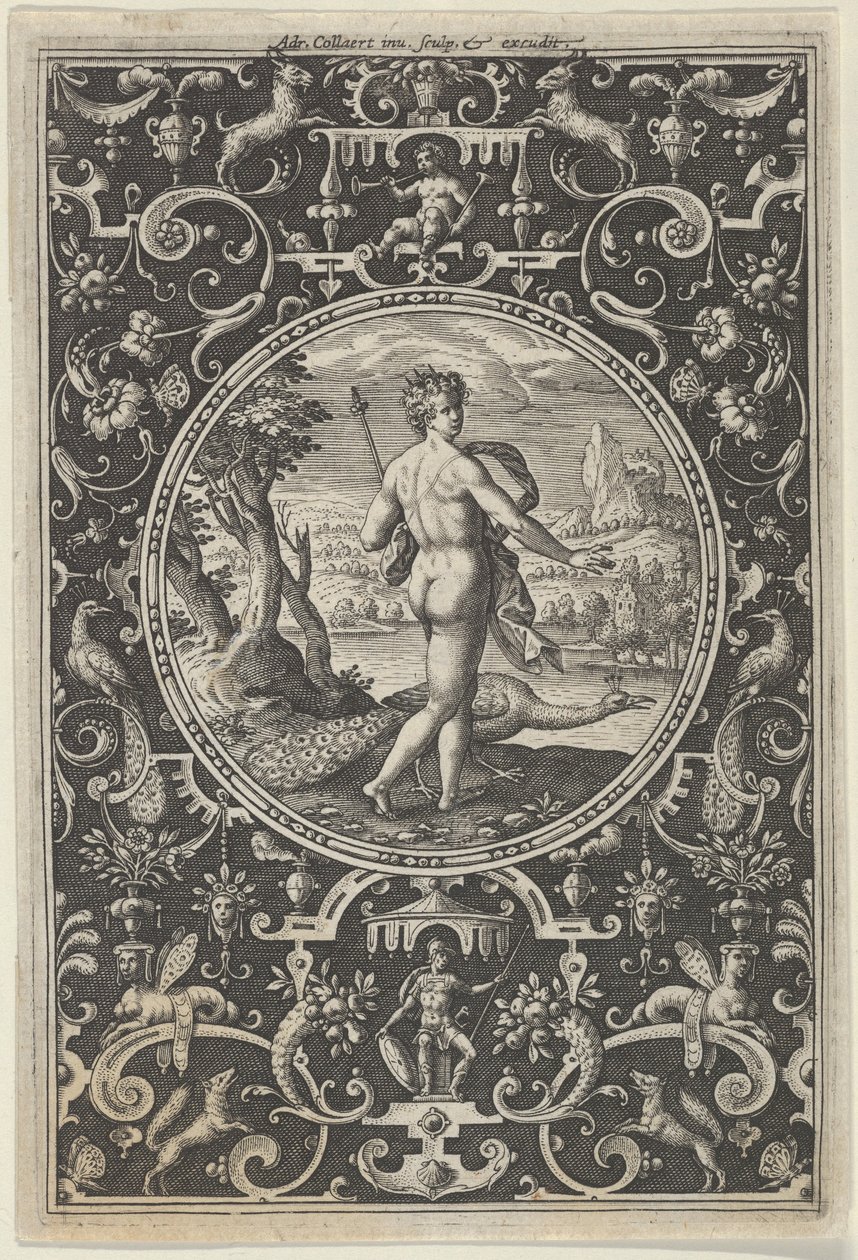 Juno in een Decoratief Frame met Grotesken, uit het Oordeel van Paris, ca. 1580-1600 door Adriaen Collaert
