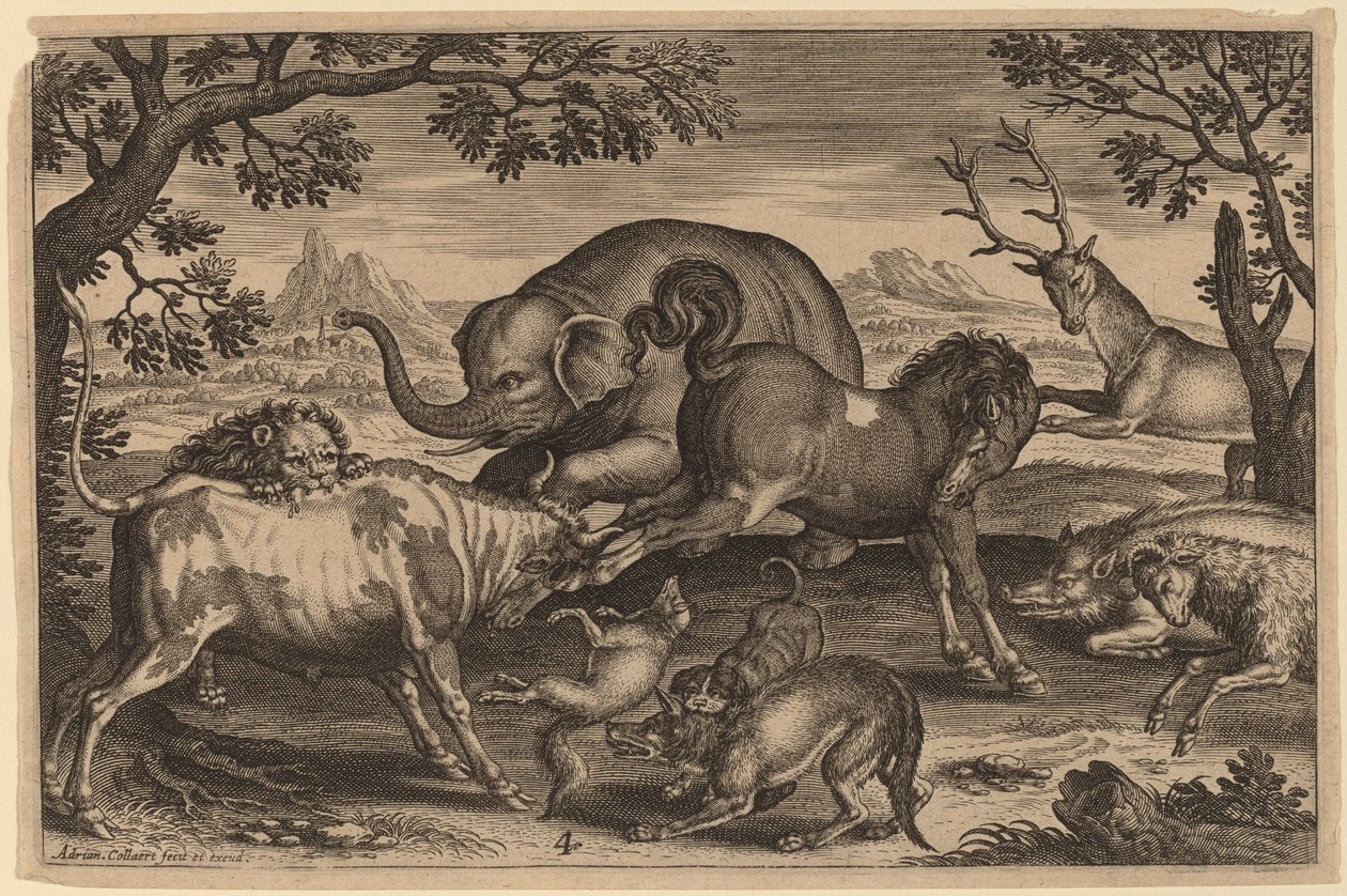 Leeuw, stier, vos, wolf, hond, everzwijn, geit, paard, olifant en hert door Adriaen Collaert