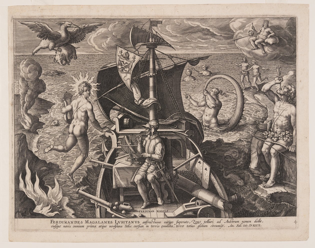 Magellan zittend op het dek, uit Americae Retectio door Adriaen Collaert