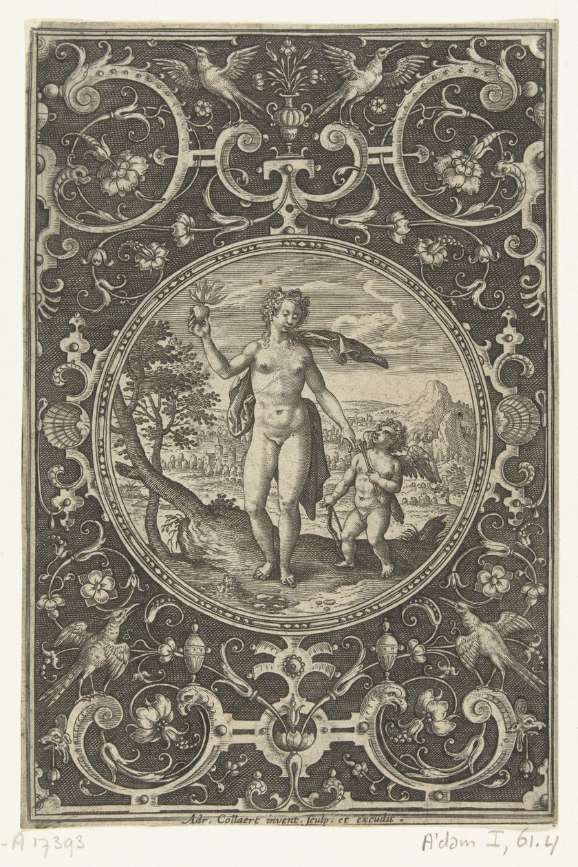 Medaillon waarin Venus met de Parisappel in haar hand en Amor aan haar zijde door Adriaen Collaert