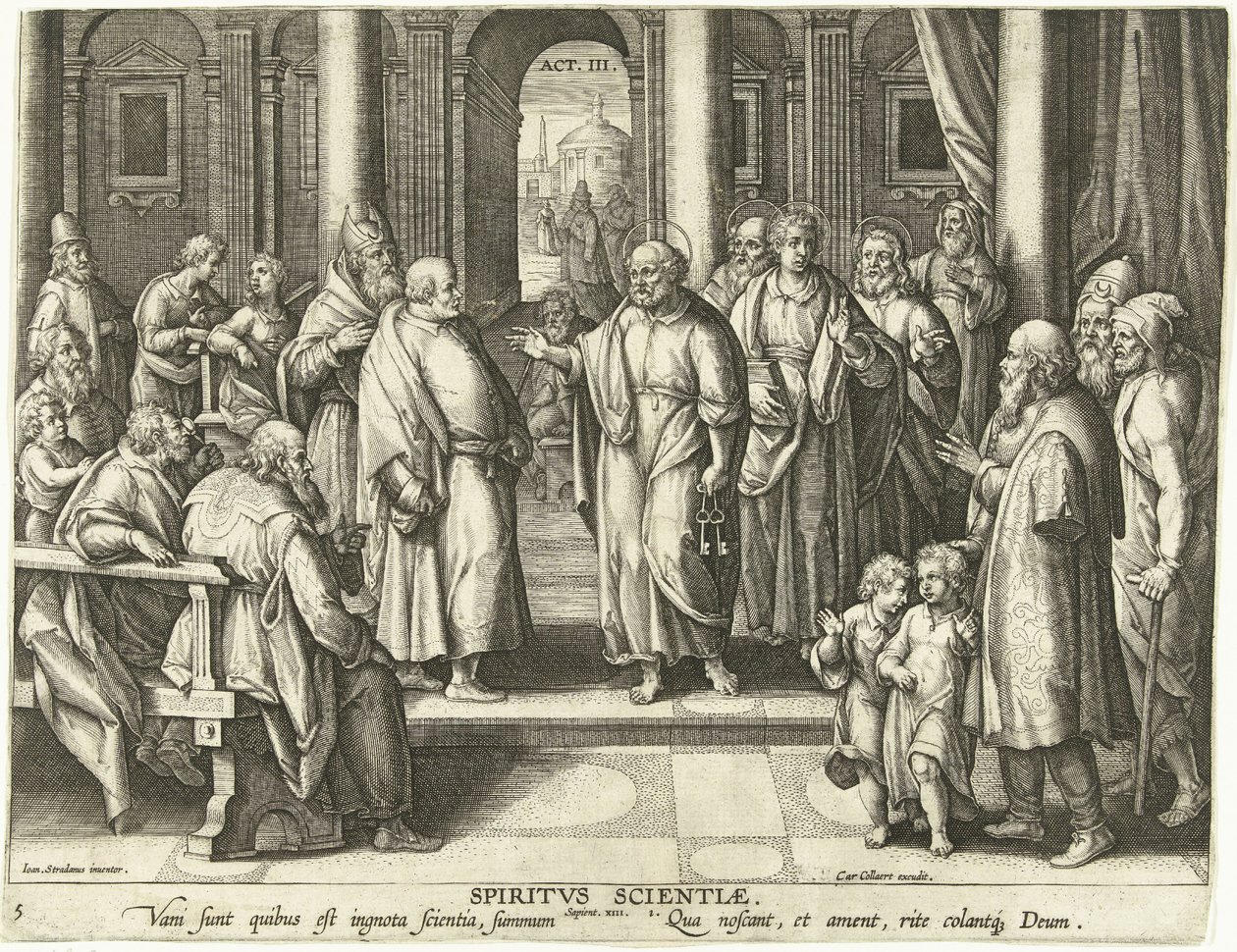 Petrus en Paulus bewijzen de opstanding van Christus: de gave van geleerdheid door Adriaen Collaert