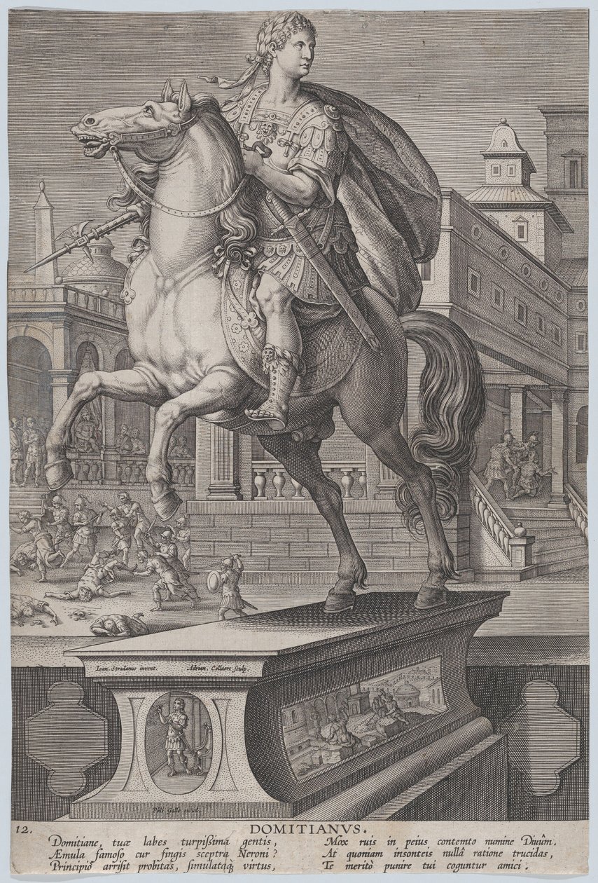 Plaat 12: ruiterstandbeeld van Domitianus, driekwart naar links gezien, ca. 1587-89 door Adriaen Collaert