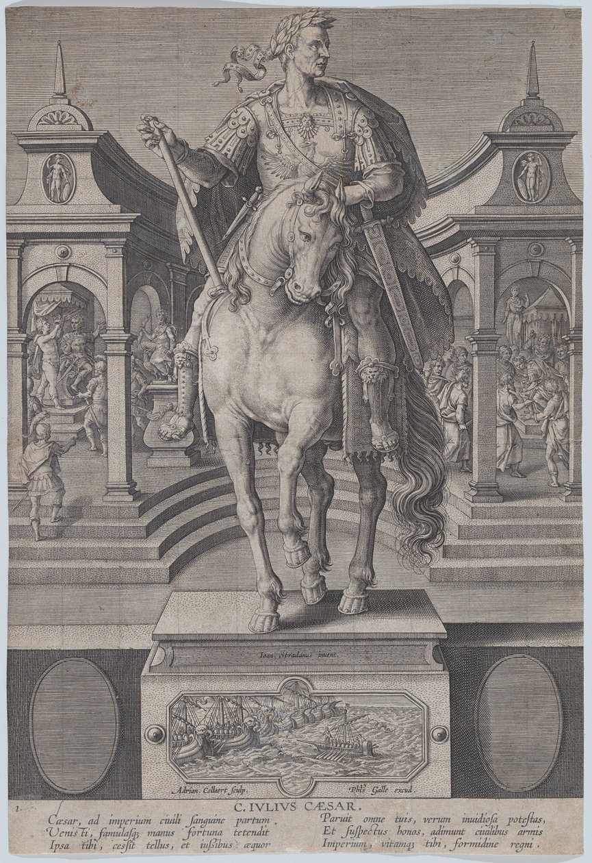 Plaat 1: ruiterstandbeeld van Julius Caesar, gezien van voren, met een scène van een, ca. 1587-89 door Adriaen Collaert