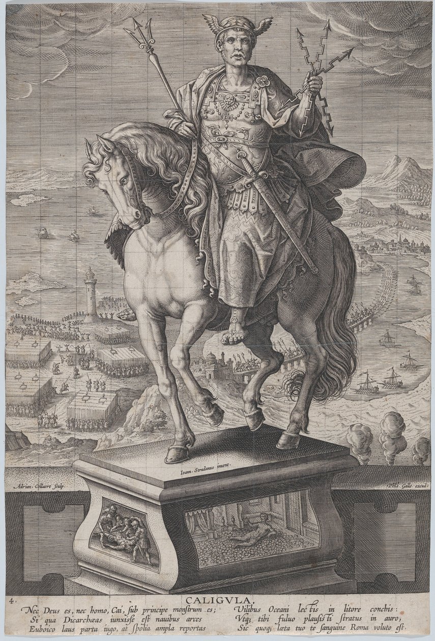 Plaat 4: ruiterstandbeeld van Caligula, driekwart naar links gezien, ca. 1587-89 door Adriaen Collaert