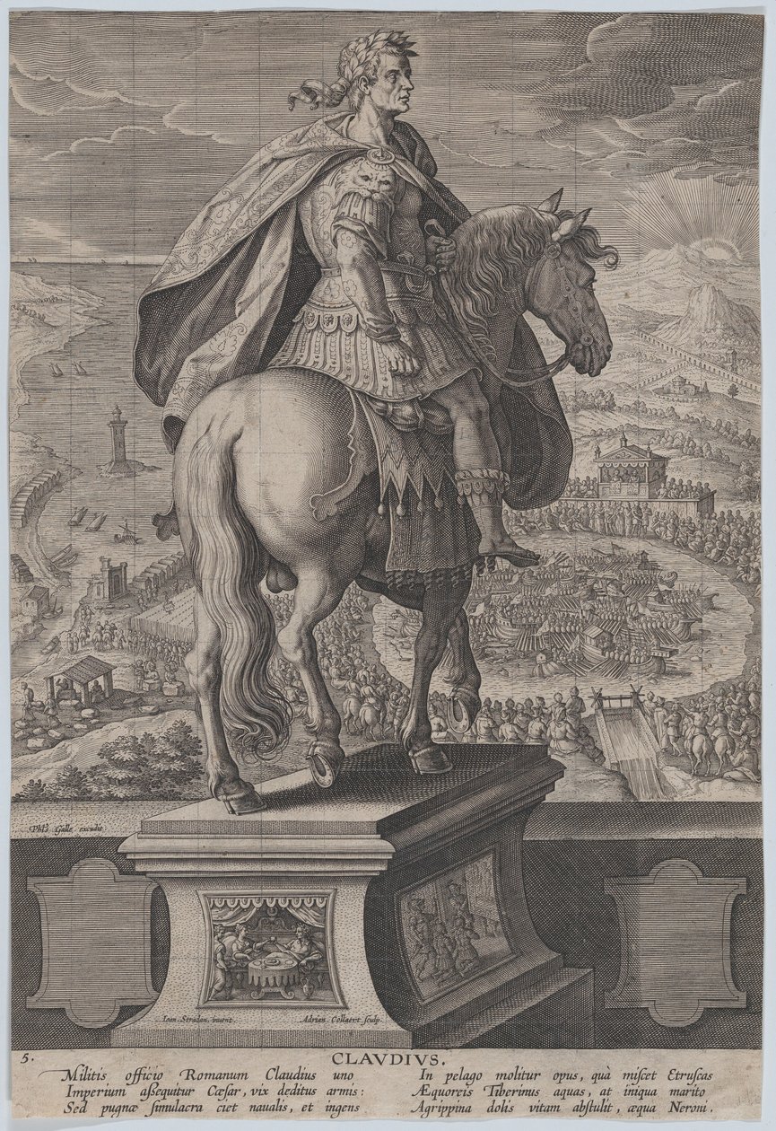 Ruiterstandbeeld van Claudius, gezien van achteren, een zeewedstrijd door Adriaen Collaert