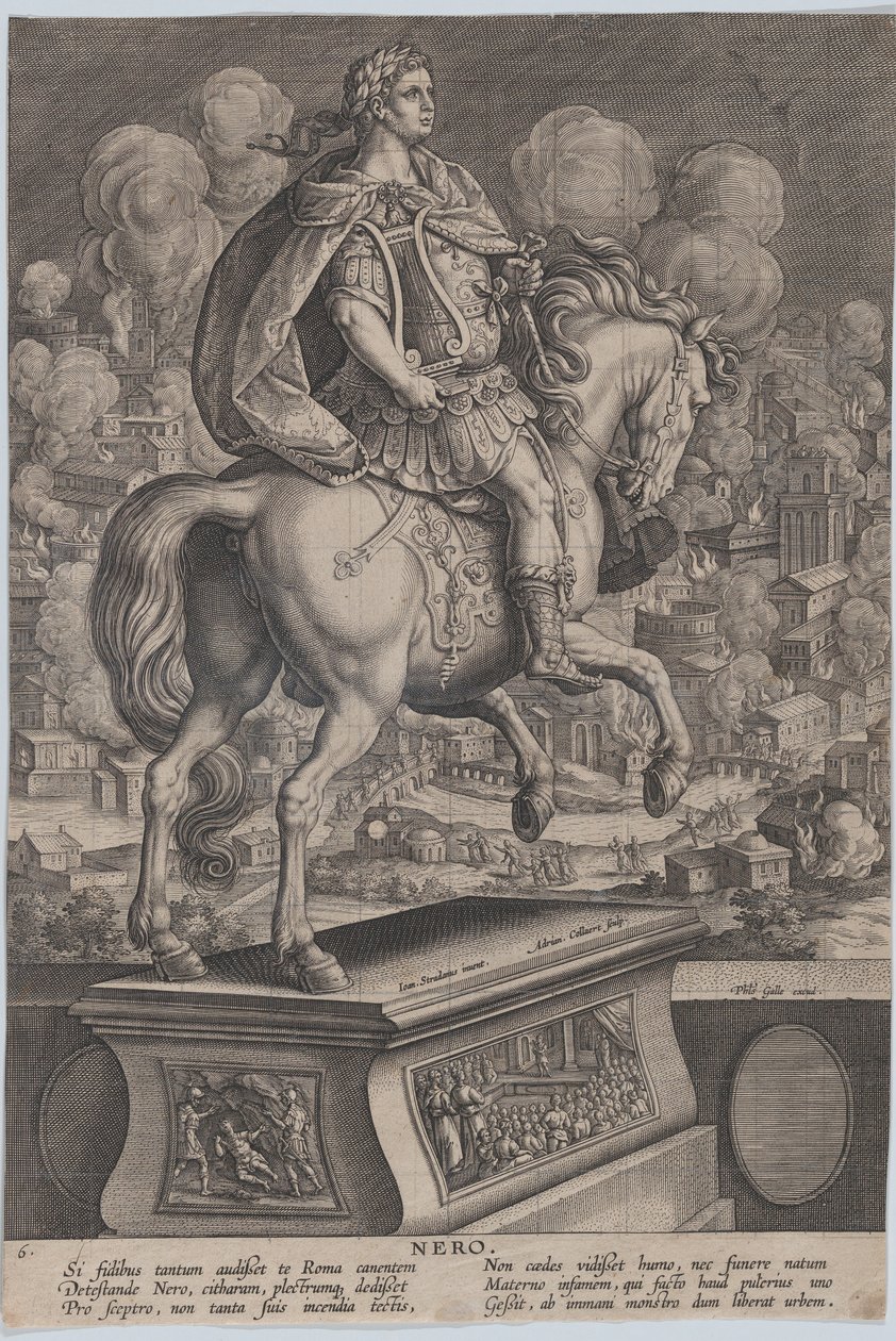 Plaat 6: ruiterstandbeeld van Nero, gezien van achteren, de Grote Brand van Rome, ca. 1587-89 door Adriaen Collaert