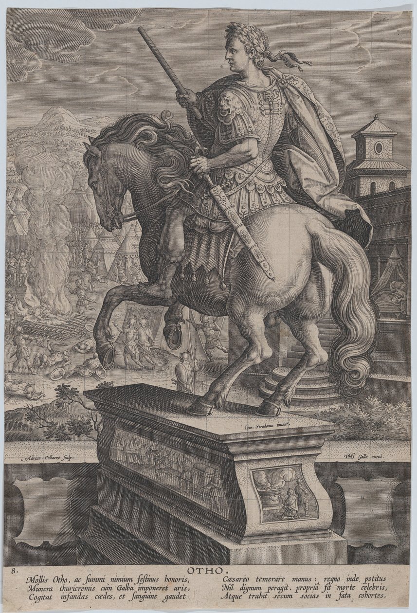 Plaat 8: ruiterstandbeeld van Otho, gezien van achteren, zijn sterfscène op de achtergrond, ca. 1587-89 door Adriaen Collaert