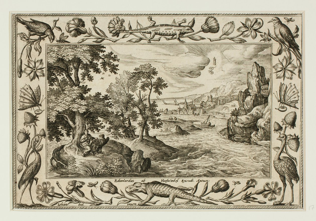 Johannes op Patmos, uit Landschappen met scènes uit het Oude en Nieuwe Testament en Jachtscènes door Adriaen Collaert