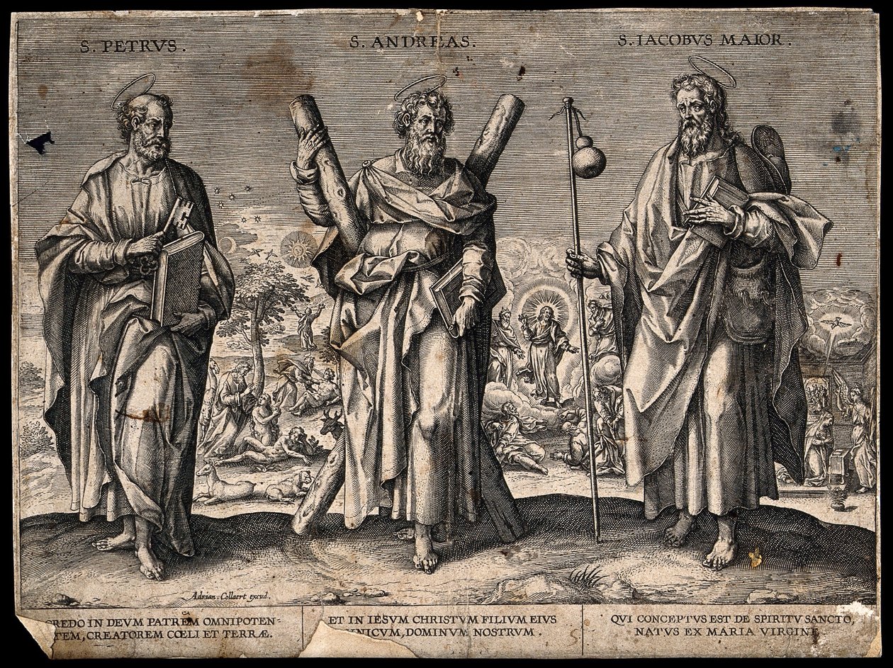 De heilige apostel Petrus, de heilige apostel Andreas en de heilige Jacobus de Meerdere. Gravure. door Adriaen Collaert