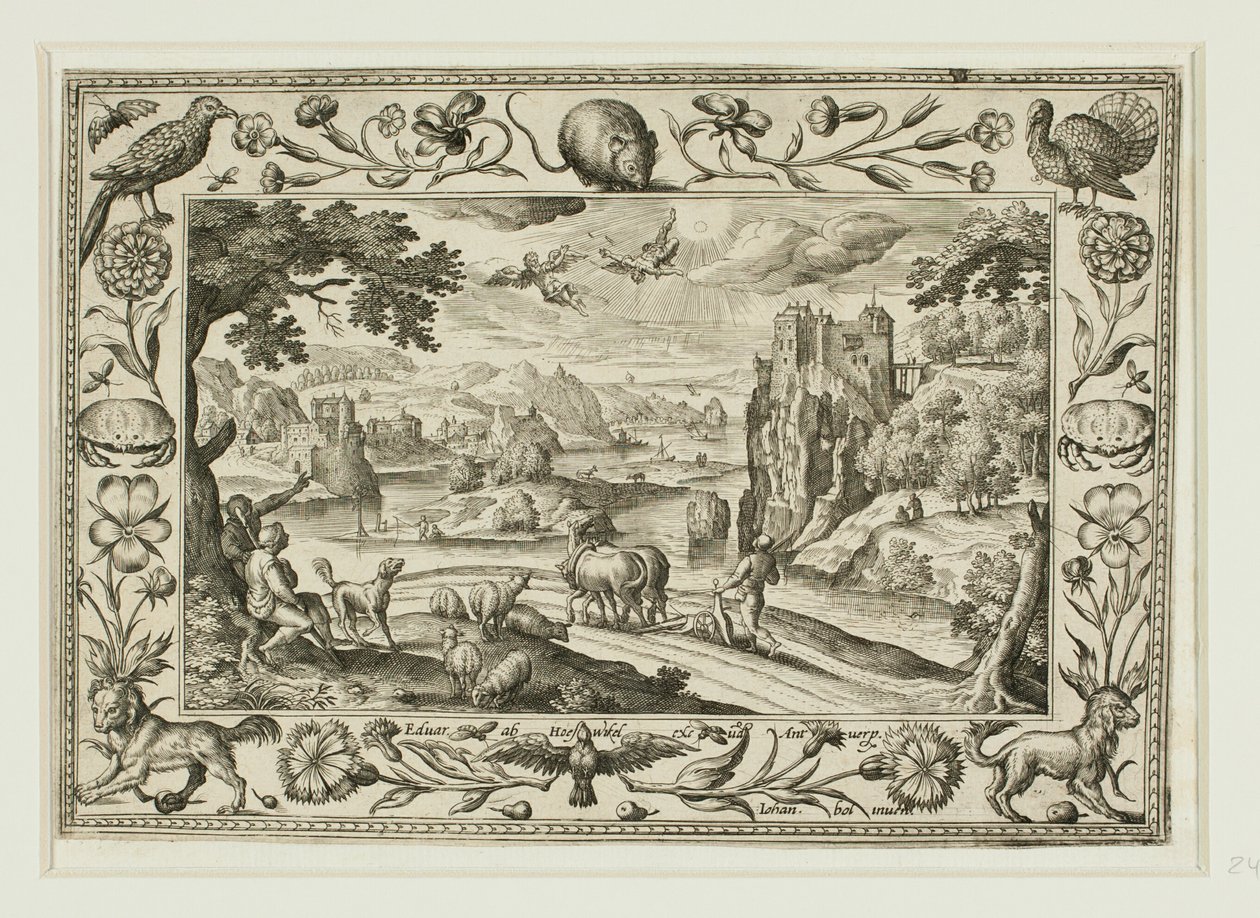 De val van Icarus, uit Landschappen met scènes uit het Oude en Nieuwe Testament en Jachtscènes door Adriaen Collaert