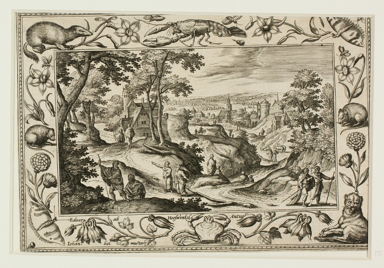 Het uitzenden van de apostelen, van landschappen met oud- en nieuwtestamentische taferelen en jachtscènes door Adriaen Collaert