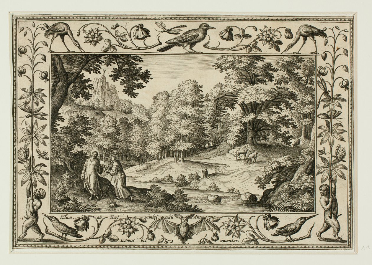 De verzoeking van Christus, uit Landschappen met scènes uit het Oude en Nieuwe Testament en Jachtscènes door Adriaen Collaert