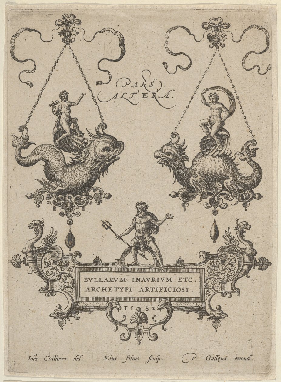 Titelplaat met Twee Hangerontwerpen Boven en Neptunus Staand op een Cartouche Onder, 1582 door Adriaen Collaert