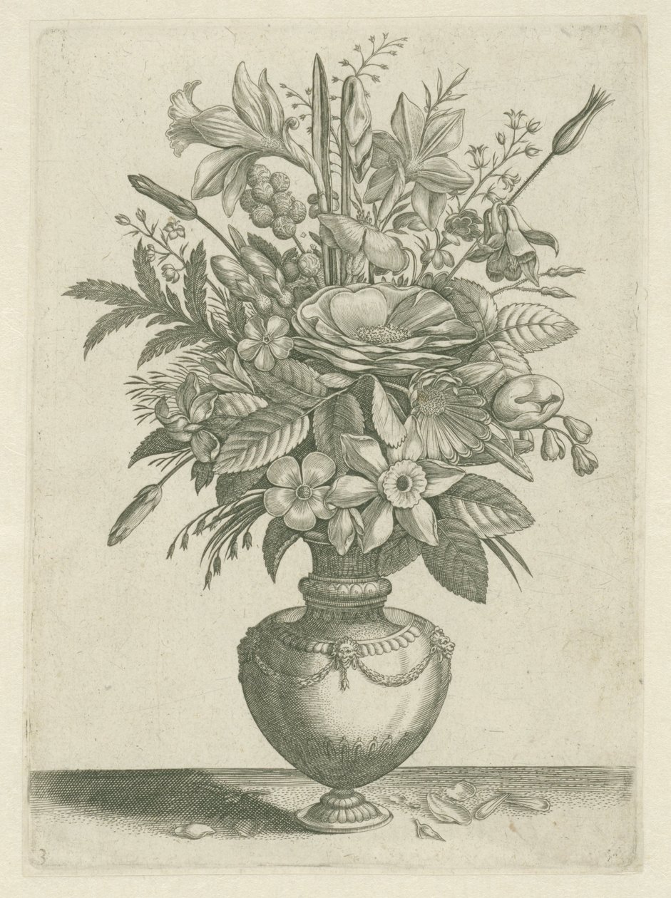 Vaas met bloemen, waaronder trompetnarcissen door Adriaen Collaert