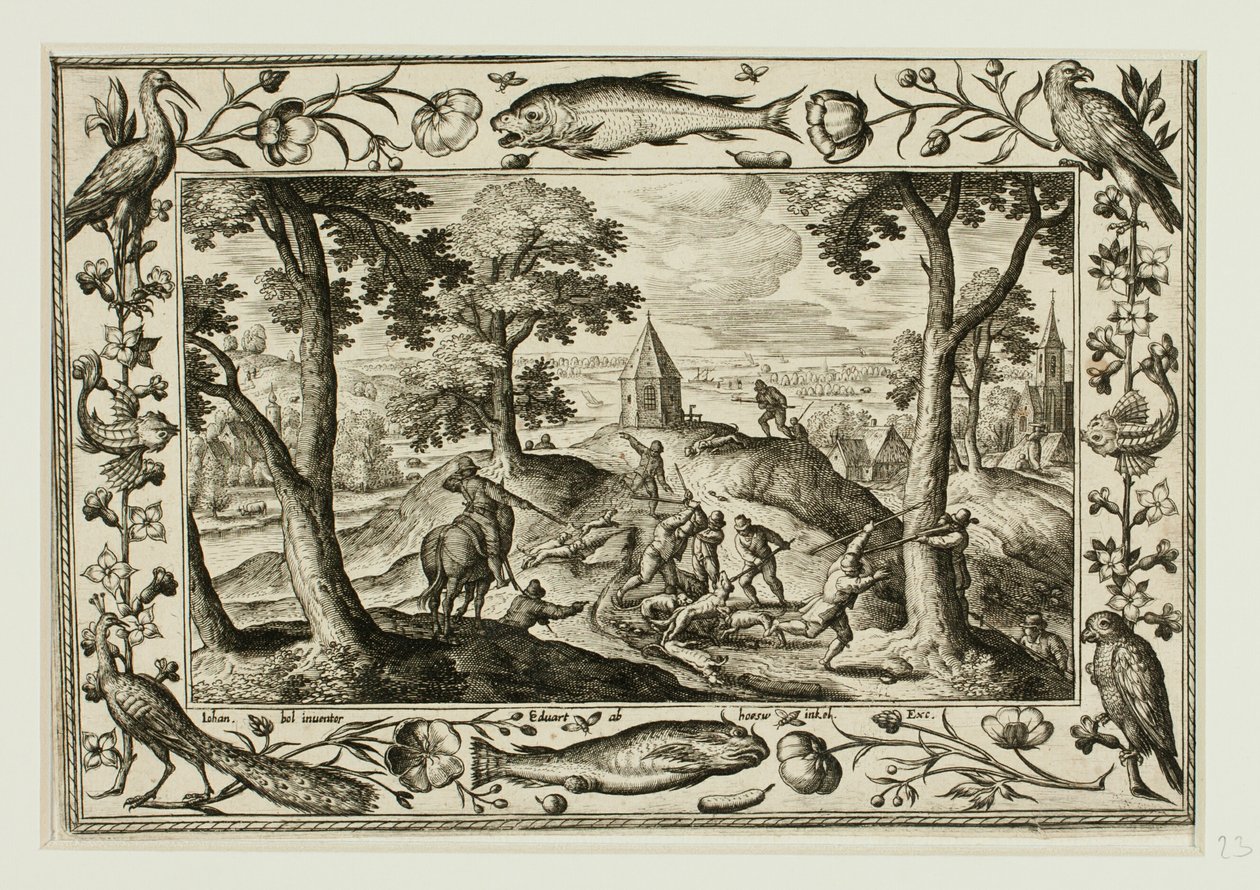 Wolvenjacht, uit Landschappen met scènes uit het Oude en Nieuwe Testament en Jachtscènes door Adriaen Collaert