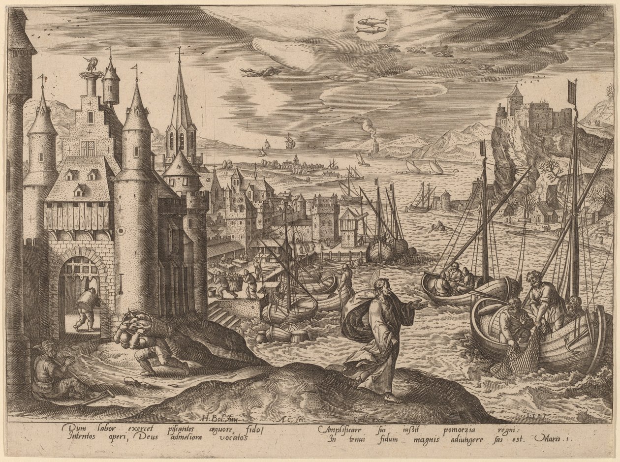Jezus roept de apostelen onder de vissers door Adriaen Collaert after Hans Bol