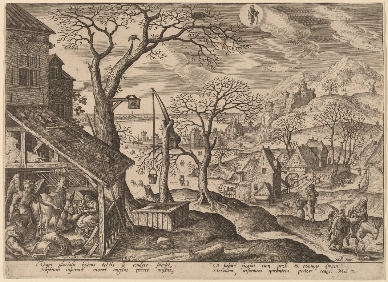 De engel vertelt Jozef te vluchten en de vlucht naar Egypte door Adriaen Collaert after Hans Bol